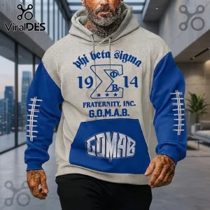 Phi Beta Sigma Fraternity Blue White Hoodie featuring greek letters, 1914, and G.O.M.A.B. graphics on a grey and blue base.