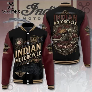 Indian Motorcycle 125th Anniversary Baseball Jacket with black torso, maroon sleeves, and historic branding graphics.