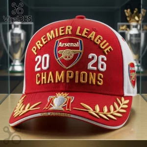 Arsenal Football Club 2026 Champions Premier League baseball cap in red and white with gold embroidery and club crest.