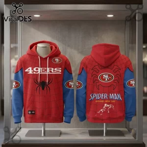 San Francisco 49ers x Spider-Man Brand New Day Hoodie with red spider-web print, 49ers logo, and blue sleeves on mannequins.