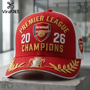 Arsenal Football Club 2026 Champions Premier League baseball cap in red and white with gold embroidered championship text.