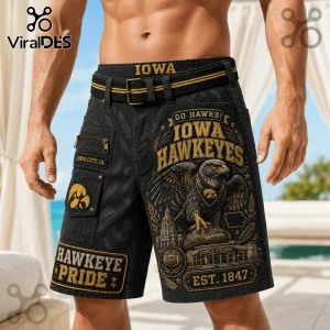 Iowa Hawkeyes Kinnick Stadium casual shorts in black with gold hawk graphics, stadium imagery, and university branding.