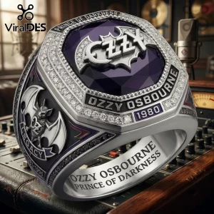 Ozzy Osbourne Prince of Darkness purple gemstone ring with silver bat motif, diamond accents, and music studio background.