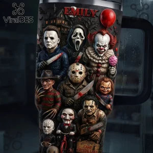 Spooky Horror Villains Halloween 2026 Tumbler 40oz featuring iconic slasher characters, haunted mansion, and custom name.