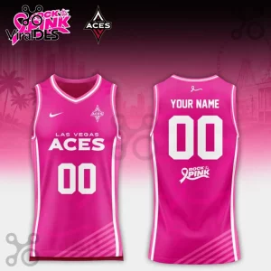Las Vegas Aces Pink Breast Cancer Awareness Basketball Jersey featuring a custom player number and team branding.