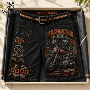 Harley-Davidson Vintage Motorcycle Black Denim Shorts with orange flames, engine graphics, and biker patches.