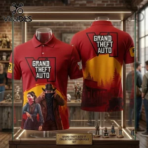 Grand Theft Auto VI Red Premium Polo Shirt featuring Western-style character graphics and yellow sunset horizon print.