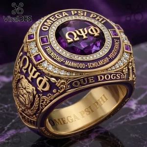 Omega Psi Phi Fraternity Bulldog Ring with gold finish, central purple stone, greek letters, and surrounding clear gems.