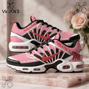 Delta Sigma Theta Pink Breast Cancer Awareness Air Max Plus shoes with black mesh, pink accents, elephant icon, and text.