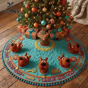 Scooby-Doo Blue 2026 Christmas Tree Skirt with brown dog heads, Mystery Machine vans, and textured cable knit patterns.