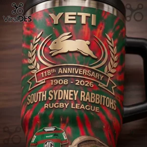 South Sydney Rabbitohs 118th Anniversary Stanley Tumbler featuring red and green swirl background with gold logo embossing.
