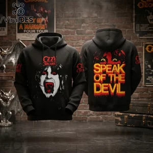 Ozzy Osbourne Speak of the Devil black hoodie featuring front face print and large red and yellow back text graphics.