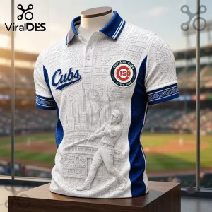 Chicago Cubs 150th Anniversary White Polo Shirt featuring an embossed baseball player, stadium view, and team logos.