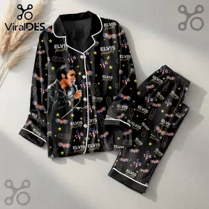 Elvis Presley Premium Black Satin Pajama Set featuring a repeating pattern of microphones, stars, and the singer's name.