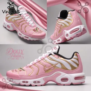 Dolly Parton Limited Edition Pink Air Max Plus Shoes featuring gold overlays, floral accents, and signature 1946-2026 text.