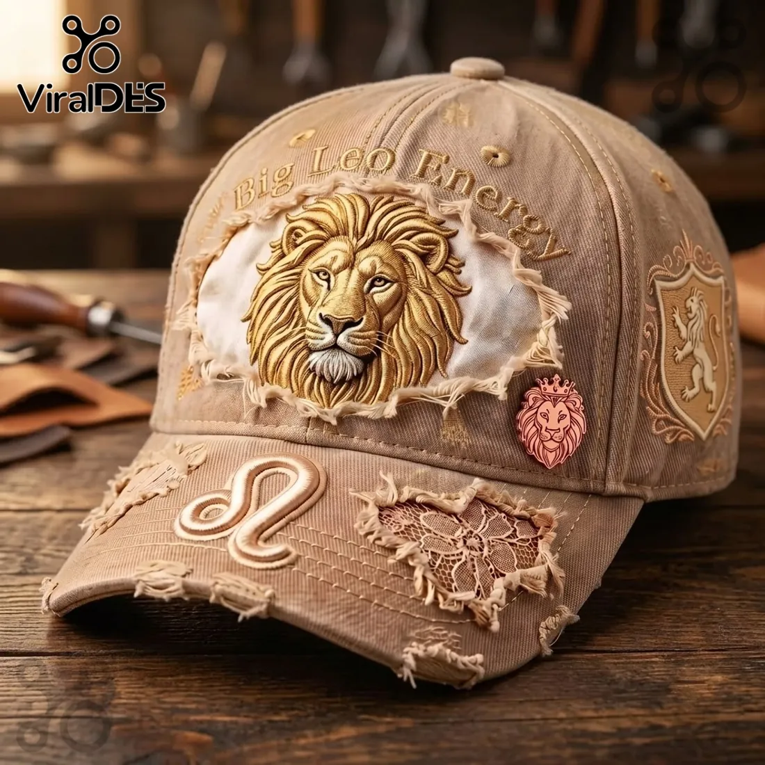 Leo Zodiac Khaki Distressed Baseball Cap Leo Zodiac Khaki Distressed Baseball Cap
