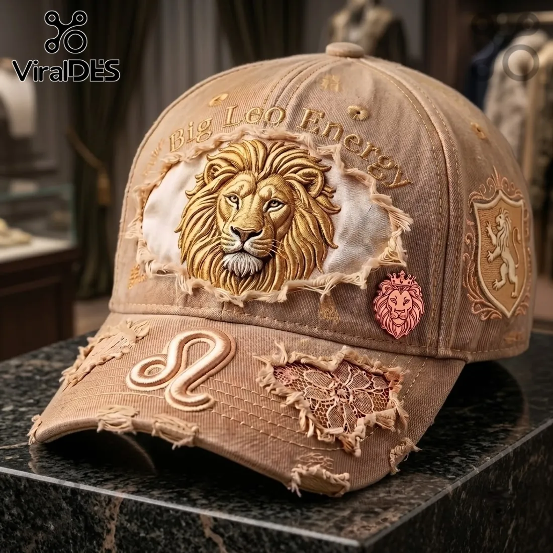 Leo Zodiac Khaki Distressed Baseball Cap Leo Zodiac Khaki Distressed Baseball Cap
