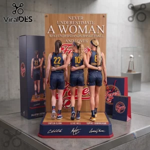 Indiana Fever Caitlin Clark Lexie Hull acrylic plaque featuring three WNBA players on a wood-textured display base.