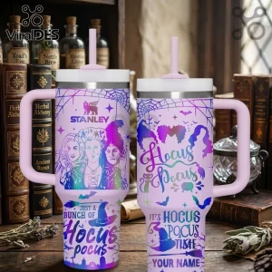 Hocus Pocus Sanderson Sisters personalized 40oz Stanley tumbler with purple gradient, spiderweb patterns, and witch motifs.