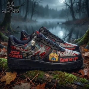 Jason Voorhees Horror Movie Custom Air Force 1 Shoes featuring a hockey mask, bloody machete, and Camp Crystal Lake logo.
