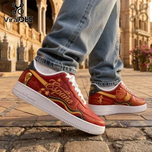 Spain National Football Team Custom AF1 Sneakers featuring red leather, gold accents, FIFA World Cup trophy, and Spain crest.