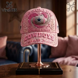 Dallas Cowboys Breast Cancer Awareness Pink Cap featuring a football icon, rhinestone accents, and embroidered text.