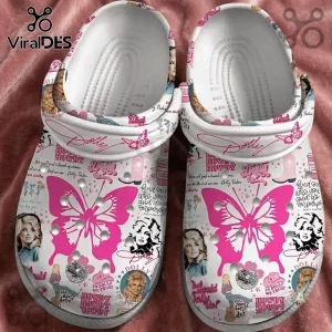 Dolly Parton Pink Butterfly Lightweight Clogs featuring portrait prints, country western text, and butterfly graphics.