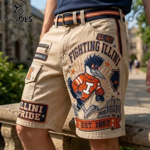 University of Illinois Fighting Illini khaki cargo shorts with embroidered mascot, Fighting Illini text, and state map.