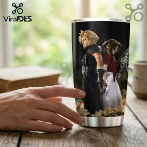 Final Fantasy VII Cloud and Aerith Tumbler featuring the iconic characters standing back to back in a flower field.