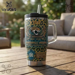 Jacksonville Jaguars 33rd Anniversary Stanley Tumbler Cup with leopard print, team logo, and stadium graphic.