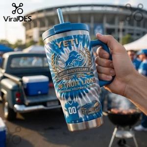Detroit Lions 96th Anniversary Tie Dye YETI Tumbler with team logo, stadium graphic, and blue and white swirl pattern.