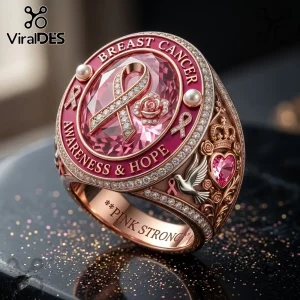 Breast Cancer Awareness Pink Crystal Ribbon Rose Ring featuring a central pink gem, rose motif, and engraved text.
