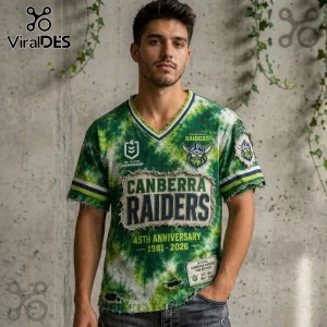 Canberra Raiders 1981-2026 Anniversary Distressed Shirt featuring green tie-dye fabric and frayed raw edge detailing.