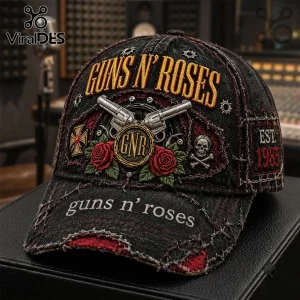 Guns N' Roses Vintage Distressed Embroidered Baseball Cap featuring gold lettering, silver revolvers, and red roses.
