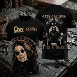 Ozzy Osbourne Rock and Roll Hall of Fame black shirt featuring a portrait of the artist and prince of darkness graphics.