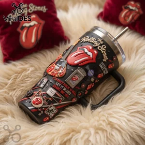 Premium The Rolling Stones 40oz Stanley Tumbler in black with red tongue logos, electric guitars, and song lyrics on fur.