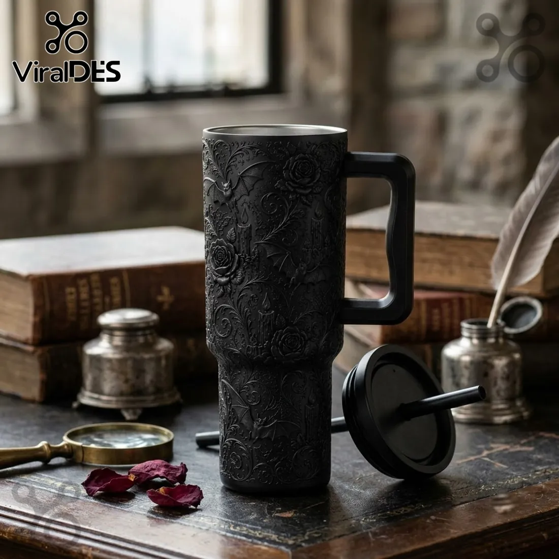 Matte Black Halloween Bat Floral 40oz Tumbler Matte Black Halloween Bat Floral 40oz Tumbler