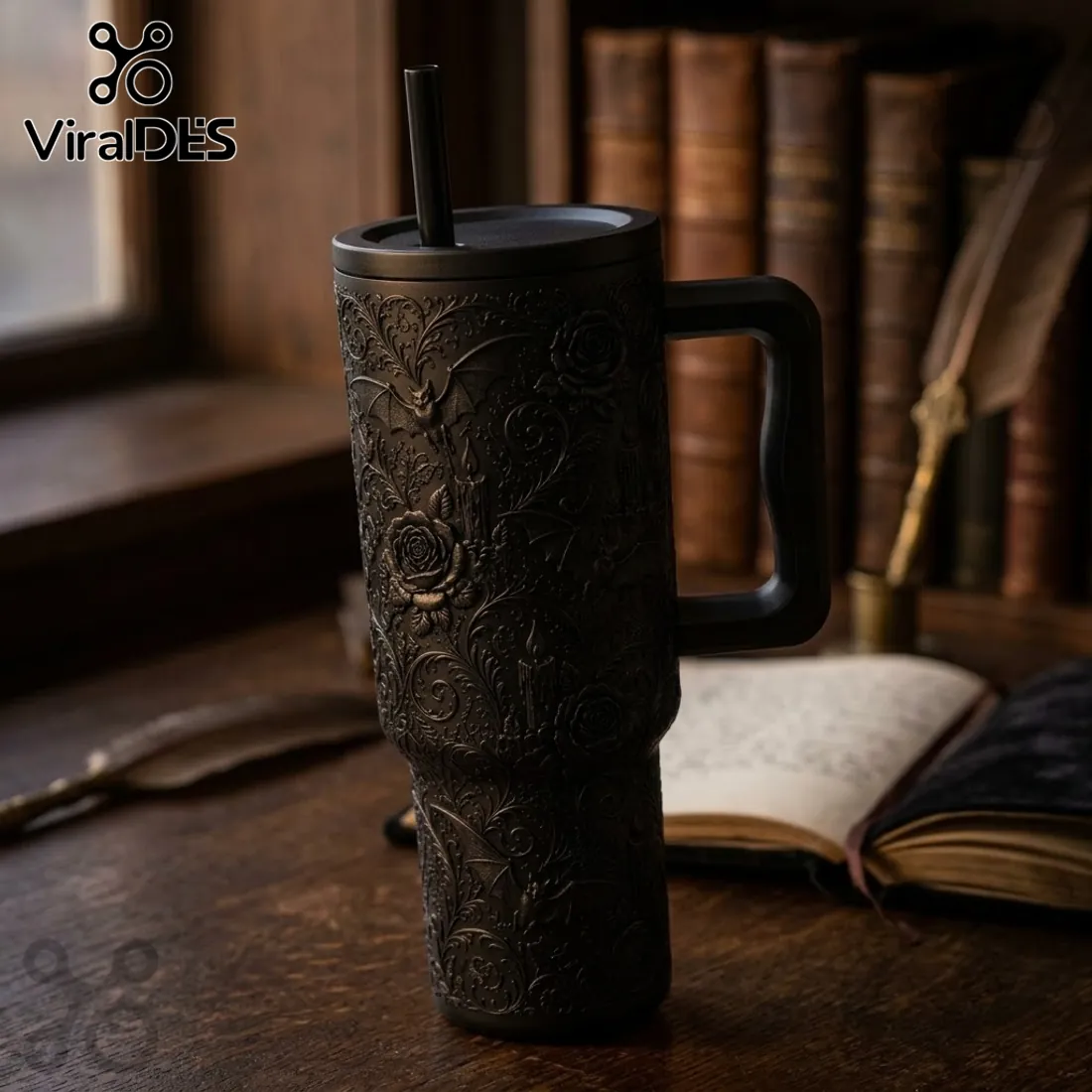 Matte Black Halloween Bat Floral 40oz Tumbler Matte Black Halloween Bat Floral 40oz Tumbler