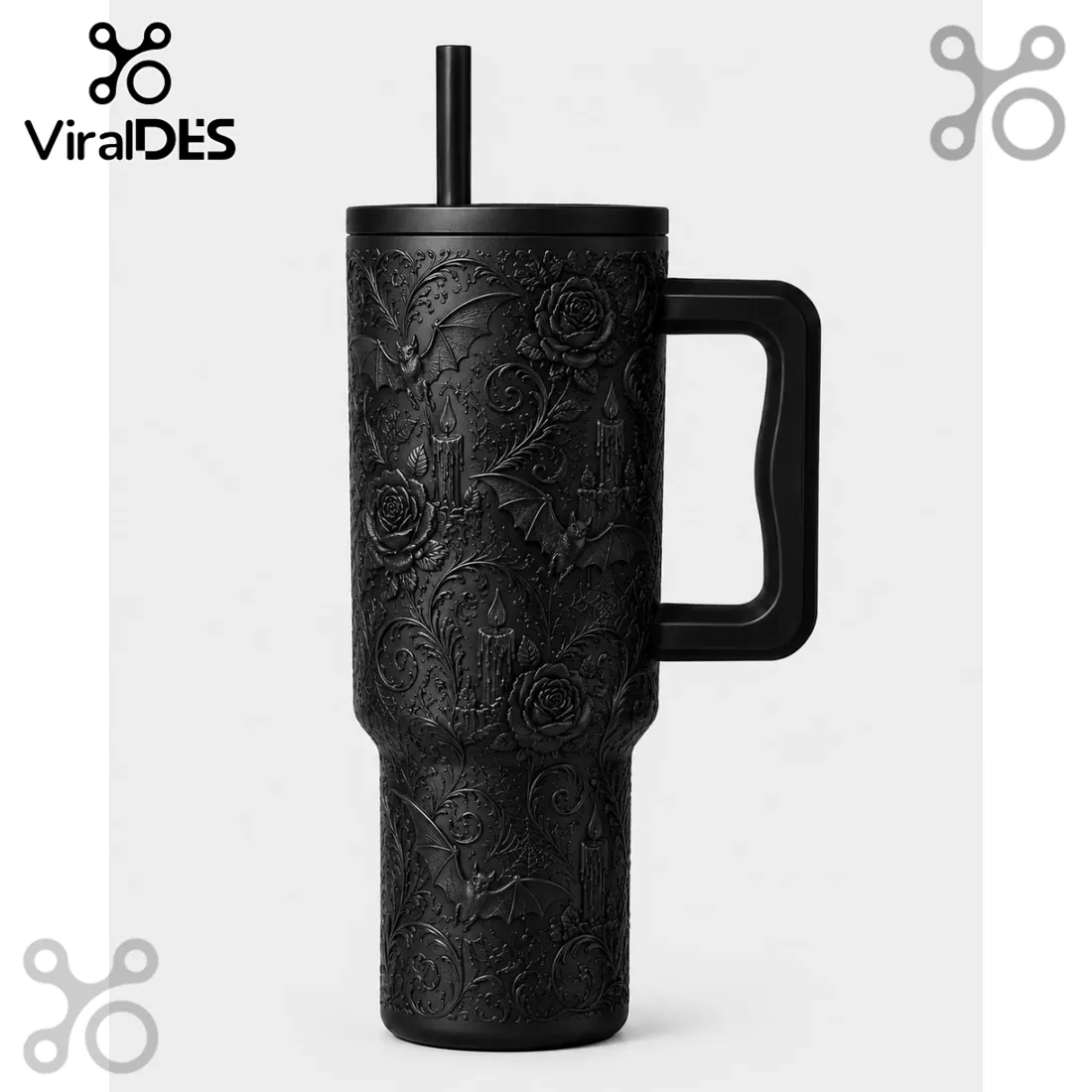 Matte Black Halloween Bat Floral 40oz Tumbler Matte Black Halloween Bat Floral 40oz Tumbler