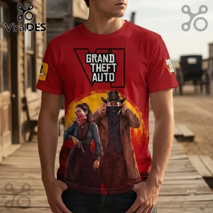 Grand Theft Auto VI Red Western Themed Shirt featuring a cowboy and cowgirl graphic with a sunset backdrop on red fabric.