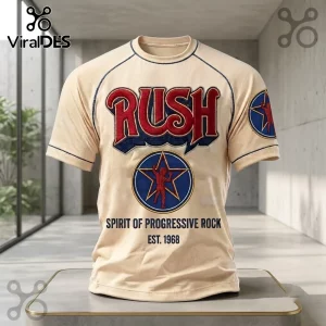 Rush Progressive Rock Band Beige T-Shirt featuring a red logo, blue star emblem, and Spirit of Progressive Rock text.