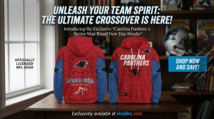 fan wearing the carolina panthers x spider-man brand new day hoodie at the stadium