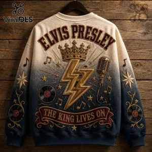 Elvis Presley The King Lives On Blue Ombre Ugly Sweater featuring gold embroidery, a crown, lightning bolt, and microphone.