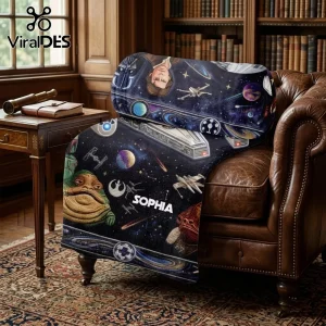 Star Wars Personalized Custom Name Soft Fleece Blanket featuring Jabba the Hutt and space ships on a dark blue background.
