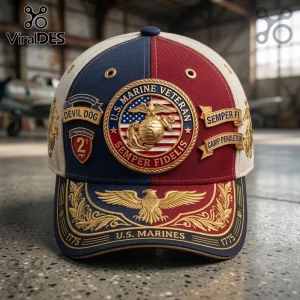 US Marine Corps Veteran Semper Fidelis Baseball Cap with gold military emblems, red and blue panels, and eagle embroidery.