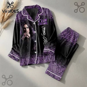 Ozzy Osbourne Purple Glitter Satin Pajama Set featuring a portrait, logo, and signature on a black shimmering background.