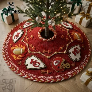 Kansas City Chiefs Knitted Holiday Christmas Tree Skirt with team logos, helmets, and text on a red wool background.