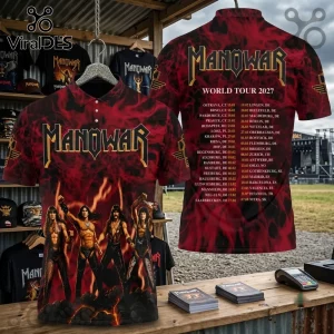 Manowar Red Flame World Tour 2027 polo shirt featuring band members and tour dates printed on red and black fabric.