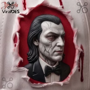 Dracula A Night Of Bloodlust Sculpted 3D Baseball Cap featuring a cracked vampire face in a red recessed torn fabric oval.