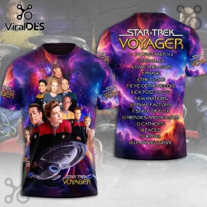 Star Trek Voyager Season 1 Episode Guide T-Shirt featuring full cast imagery and episode list on a nebula background.